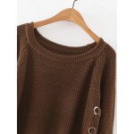 Brown Round Neck Eyelet Loose Sweater
