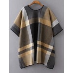Khaki Brown Plaid Squares Poncho Sweater Cardigan