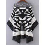 Black White Block Hooded Poncho Sweater Cardigan