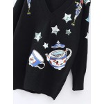 Black White Stars Tea Cup Loose Sweater