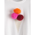 White Round Neck Pom Pom Ice Cream Long Sleeves Sweatshirt