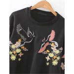 Black Embroidery Oreintal Birds Florals Round Neck Sweatshirt