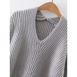 Grey V Neck Knitted Winter Sweater