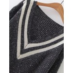 Black White Striped V Neck Winter Loose Sweater