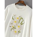 White Daisy Flowers Embroidered Bell Long Sleeve Sweatshirt