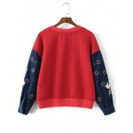 Red Denim Sleeve Embroidered Braided Sweatshirt