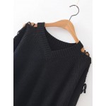 Black V Neck Lace Up Long Sleeves Winter Sweater