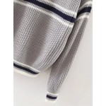 Grey White Stripes Lines Long Sleeves Sweater