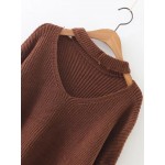 Brown V Neck Loose Zipper Long Sleeves Sweater