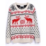 Beige Red Christmas Moose Deer Print Pullovers Sweater