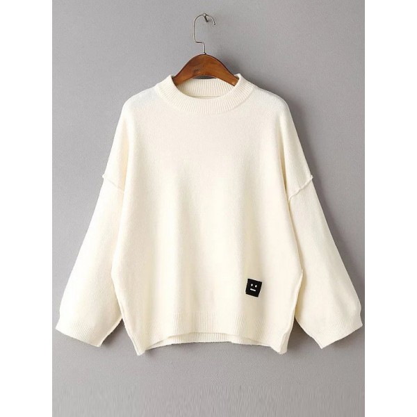 Beige Tiny Face Patch Round Neck Winter Sweater