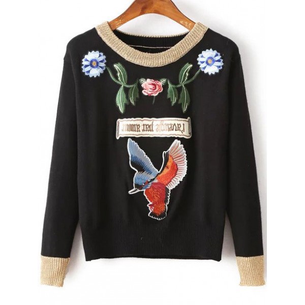 Black Bird Flower Embroidery Winter Sweater