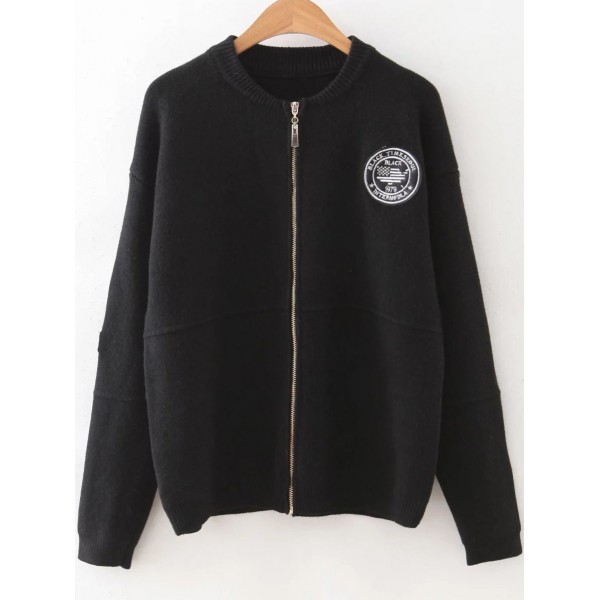 Black Embroidery Round Neck Zipper Long Sleeves Sweater Coat