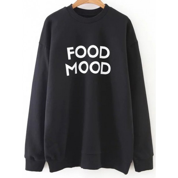 Black FOOD MOOD Print Long Sleeves Crew Neck Sweatshirt