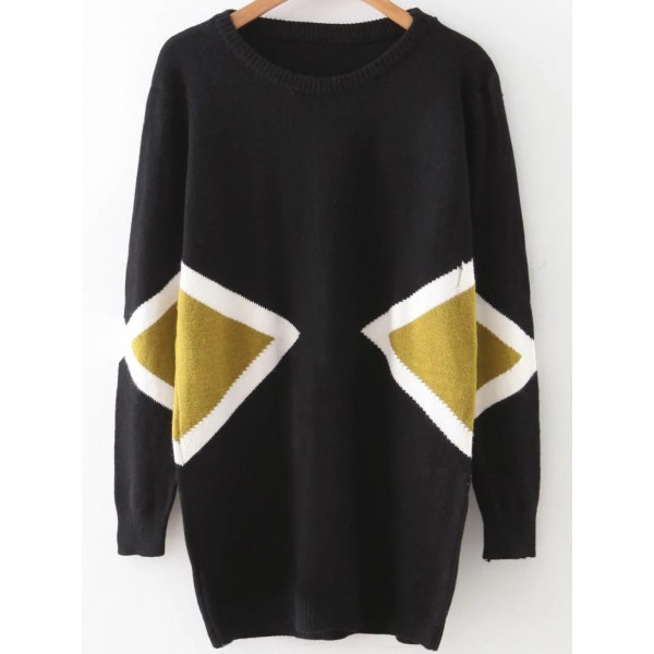 Black Gold Pattern Round Neck Winter Sweater