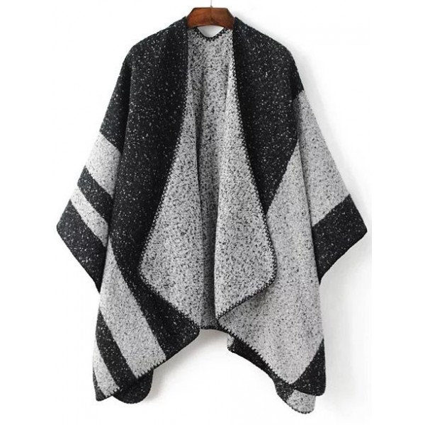 Black Grey Contrast Color Loose Poncho Sweater