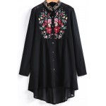 Black Long Sleeves Embroidered Flowers Vintage Shirt Blouse