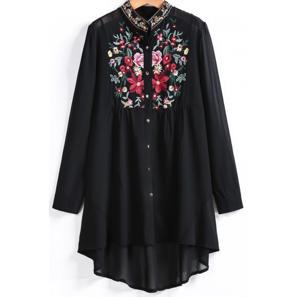 Black Long Sleeves Embroidered Flowers Vintage Shirt Blouse