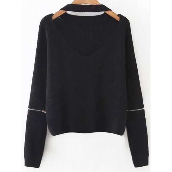 Black Long Sleeves V Neck Zipper Winter Sweater