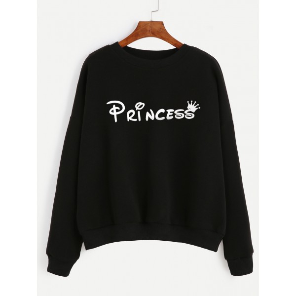 Black Princess Print Long Sleeves Crew Neck Sweatshirt