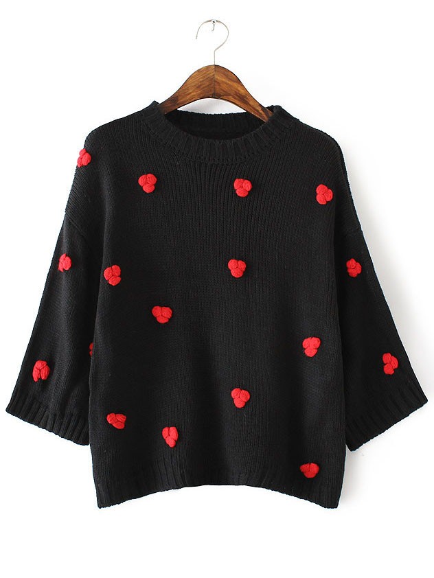 Black Red Roses Flower Embellished Loose Sweater