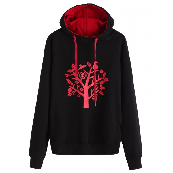 Black Red Tree Long Sleeves Drawstring Hooded Hoodie Sweatshirt