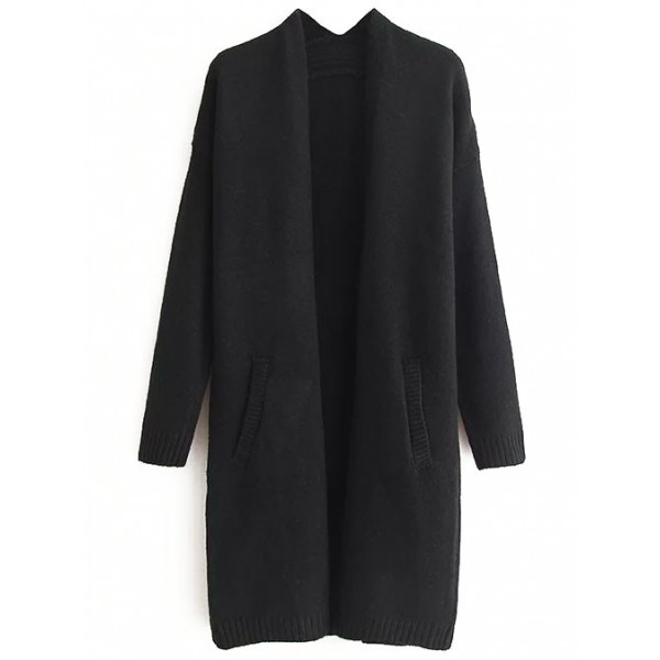 Black Ribbed Front Pocket Long Sweater Winter Coat