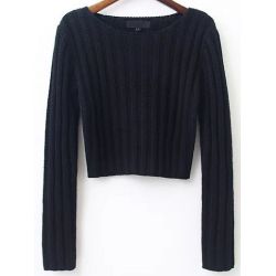 Black Ribbed Lines Round Neck Long Sleeves Sweater