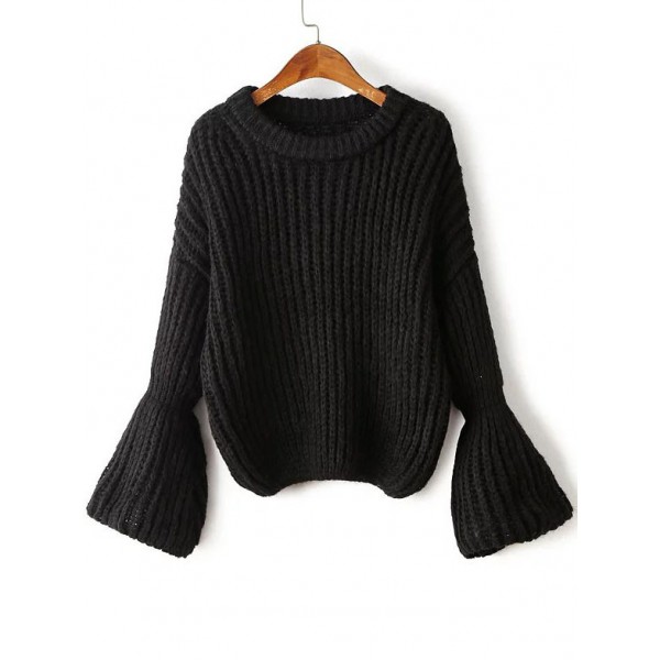 Black Round Neck Lantern Sleeve Sweater