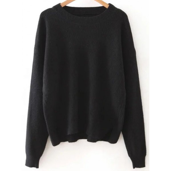 Black Round Neck Loose Split Side Sweater Knitwear