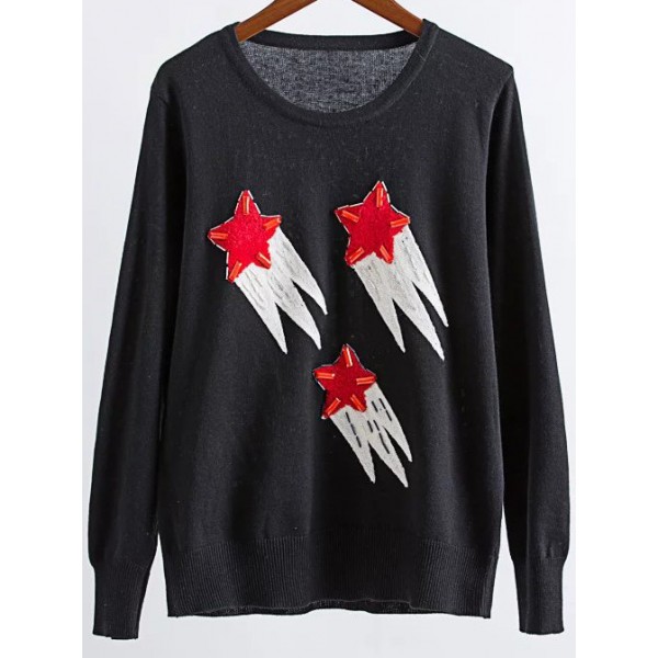 Black Shooting Stars Loose Round Neck Winter Sweater