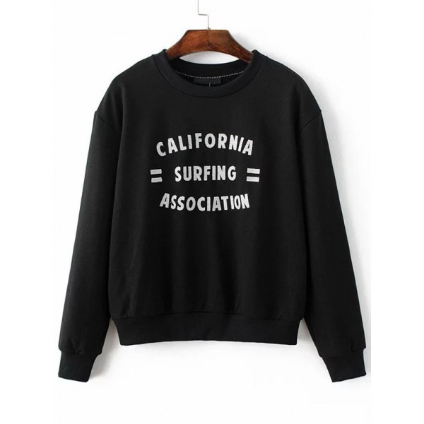 Black Surfing Embroidered Long Sleeves Sweatshirt