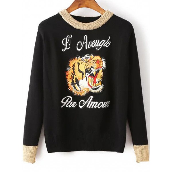 Black Tiger Head Embroidery Long Sleeves Sweater