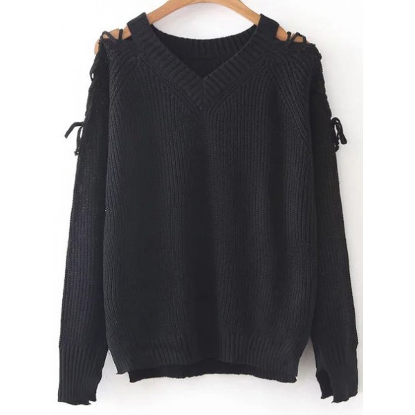 Black V Neck Lace Up Long Sleeves Winter Sweater