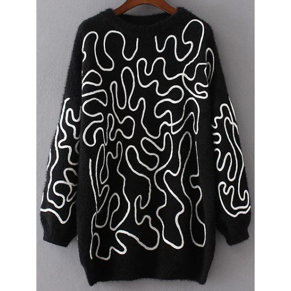 Black White Abstract Drawing Slouchy Coat Sweater