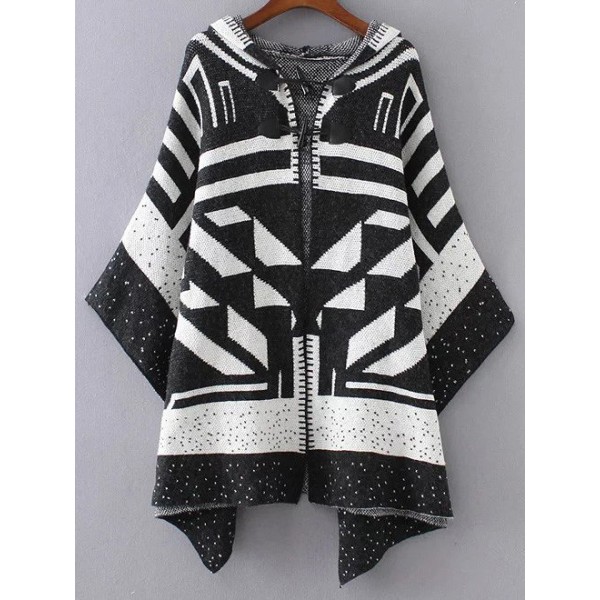 Black White Block Hooded Poncho Sweater Cardigan