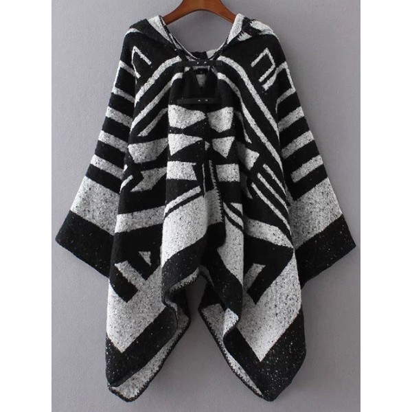 Black White Contrast Hooded Poncho Sweater Coat