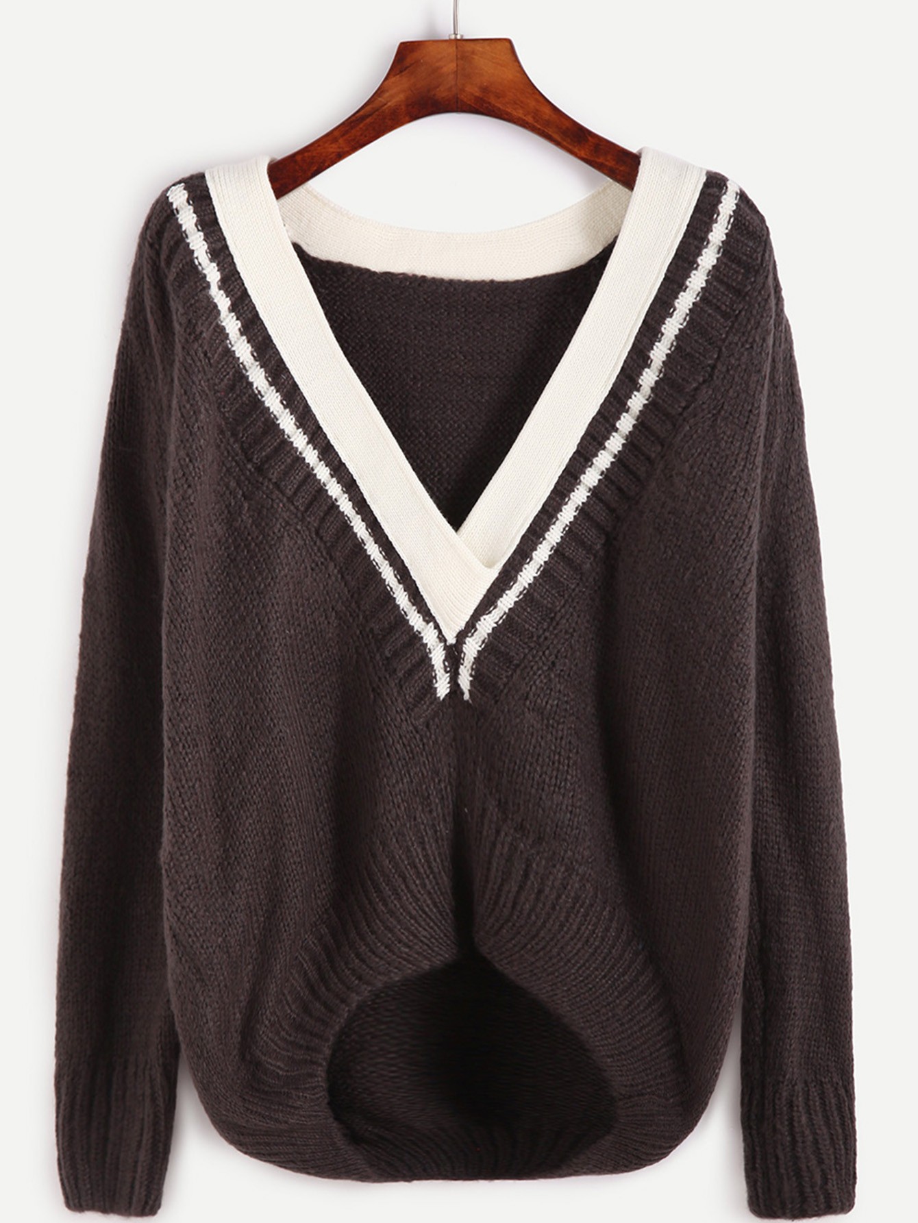 Black White Contrast V Neck Loose Sweater