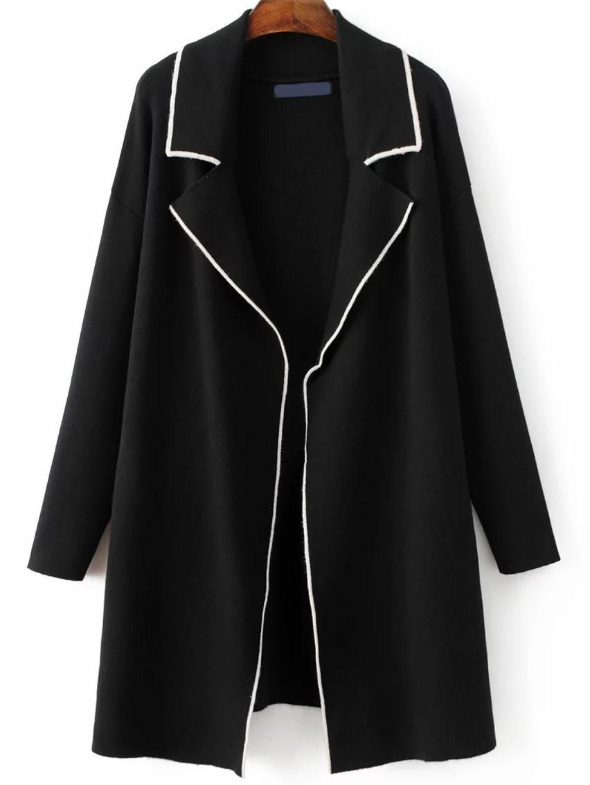 Black White Lines Edge Open Front Long Sleeves Sweater Coat