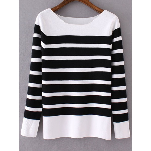 Black White Lines Round Neck Contrast Stripe Sweater Knitwear
