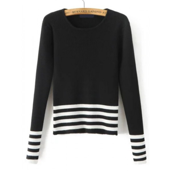 Black White Lines Striped Split Sleeves Tight Sweater Knitwear