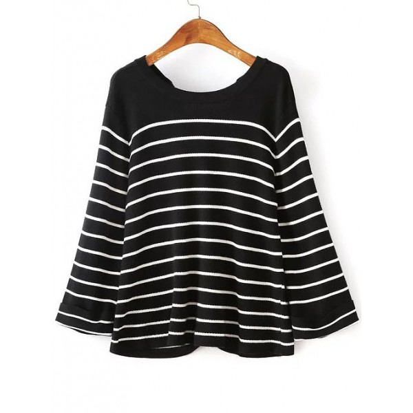 Black White Lines Stripes Lace Up Back Sweater Knitwear