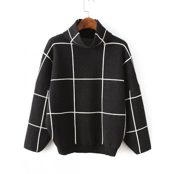 Black White Squares Grid Turtleneck Winter Sweater 