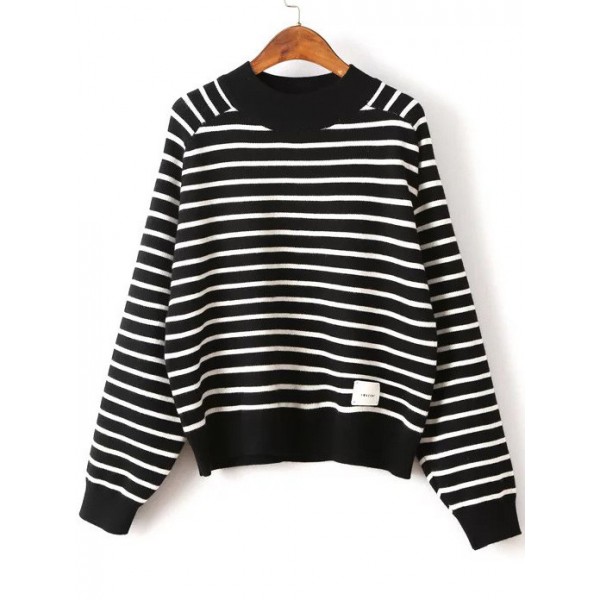 Black White Striped Contrast Crew Neck Batwing Sleeves Sweater