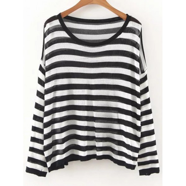 Black White Stripes Lines Drop Shoulder Sweater Knitwear