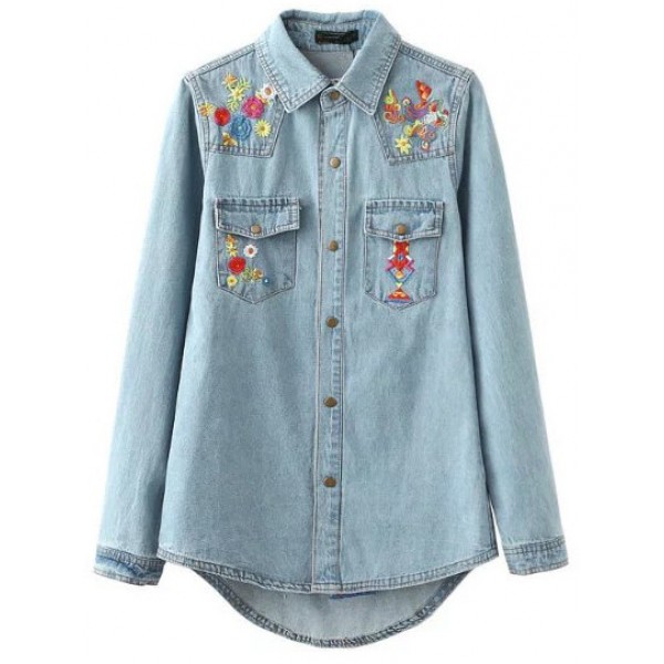 Blue Embroideried Colorful Flowers Jeans Denim Blouse
