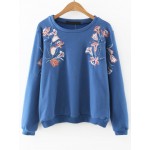 Blue Flower Florals Embroidered Long Sleeves Sweatshirt