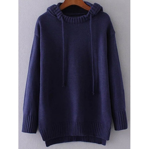 Blue Navy Drawstring Hooded Long Sleeves Sweater