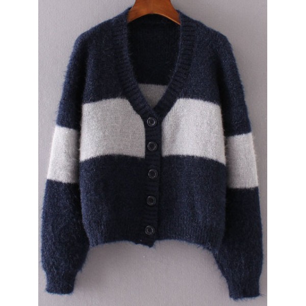 Blue Navy Grey Block Warm Thick Mohair Sweater Coat