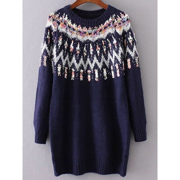 Blue Navy Ribbed Colorful Jacquard Winter Sweater